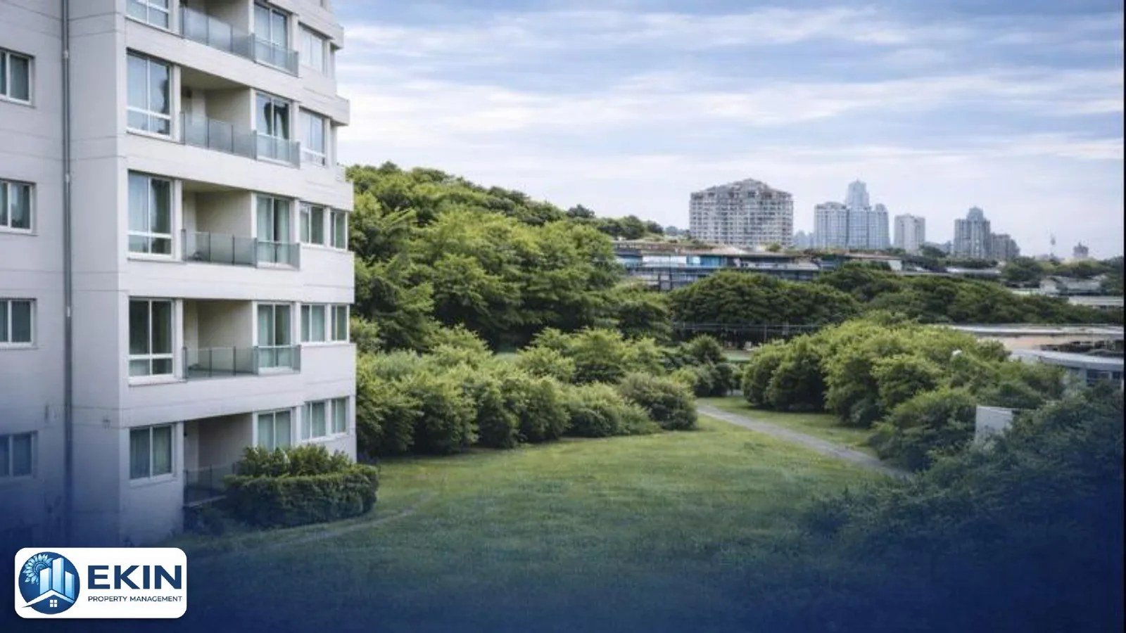 Illustrative residential apartment block exterior with landscaped grounds